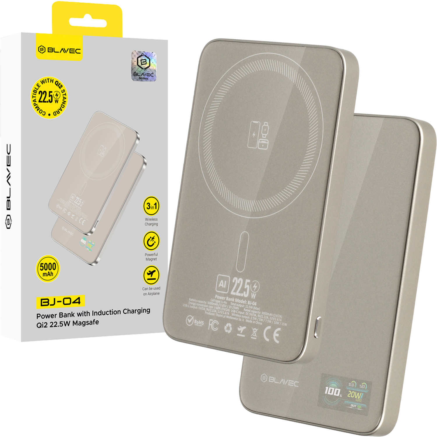 Blavec Išorinė baterija 5000mAh BJ-04 Itin Plona 7,8mm - Type C - 22,5W magnetinė Magsafe 3 in 1 (PBBJ04-MC5GD) auksinė stiklas