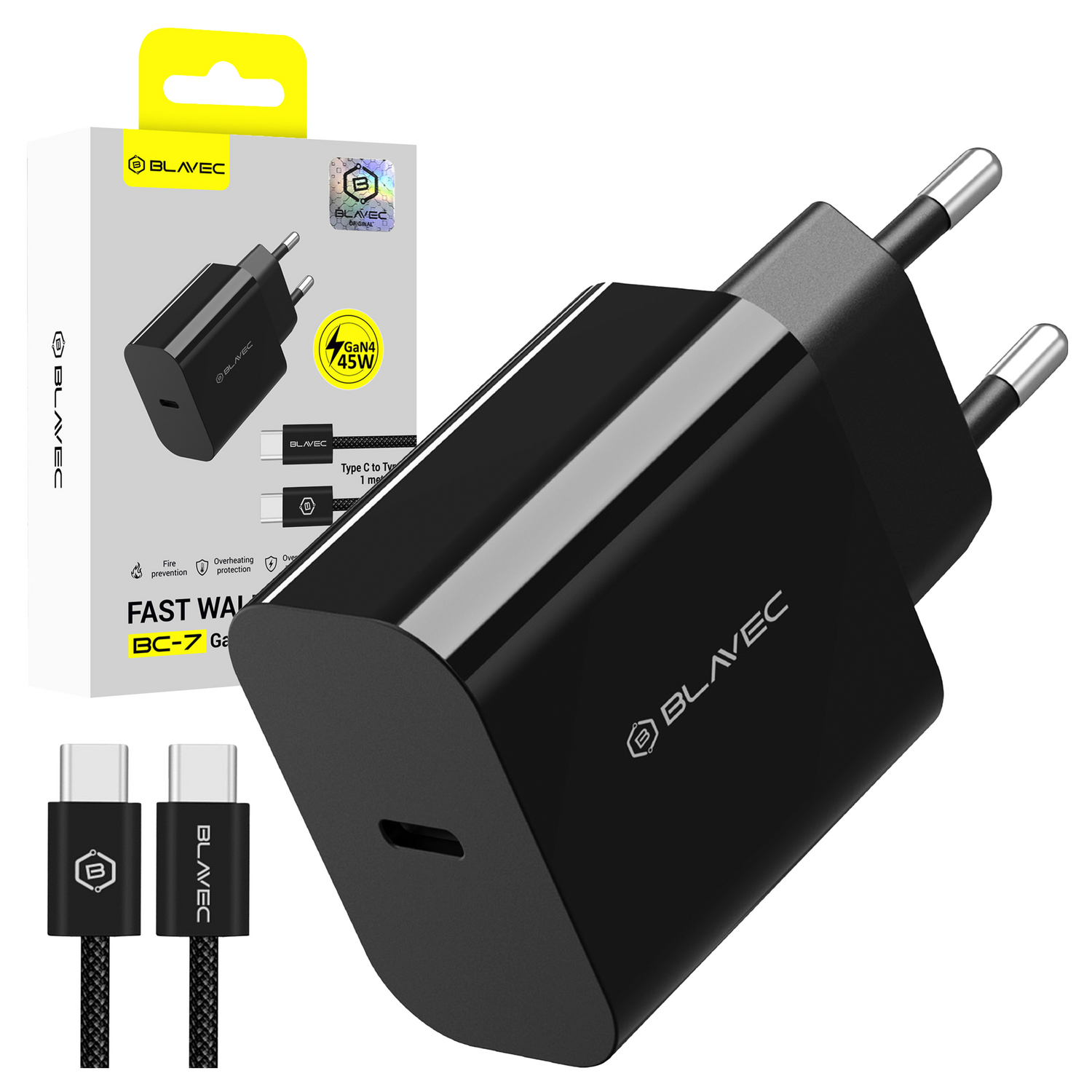 Blavec Sieninis įkroviklis BC-7 GaN4 - Type C - PD QC 45W 3A su Type C į Type C kabeliu (TCBC7G4-CB453A+CC) juodas