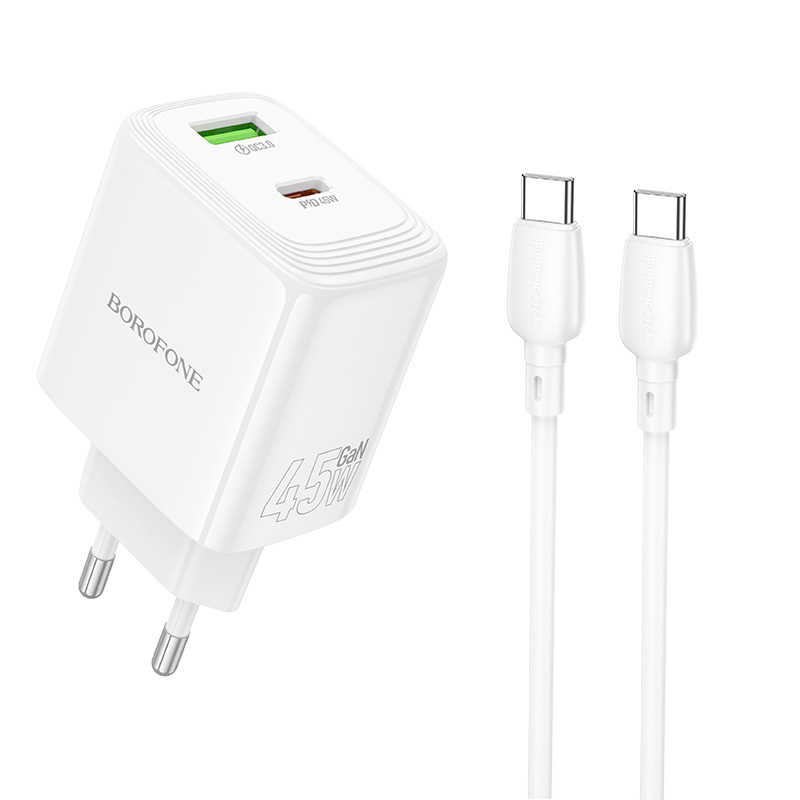 Borofone sieninis įkroviklis BN30 Cargador GaN - USB + Type C - QC 3.0 PD 45W su Type C į Type C kabeliu baltas