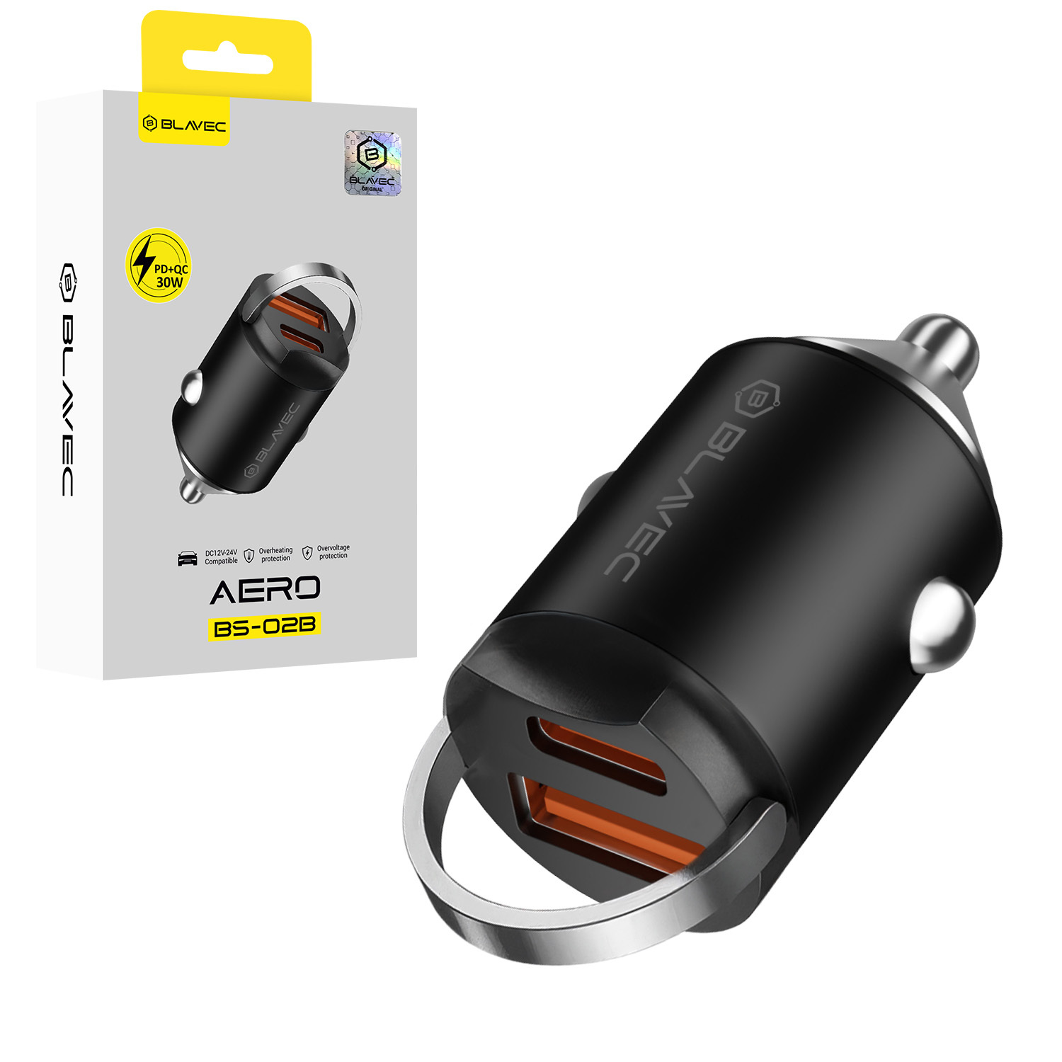 Blavec automobilinis įkroviklis BS-02B Aero - USB + Type C - QC 3.0 18W PD 30W (CCBS02BA-UCB) juodas