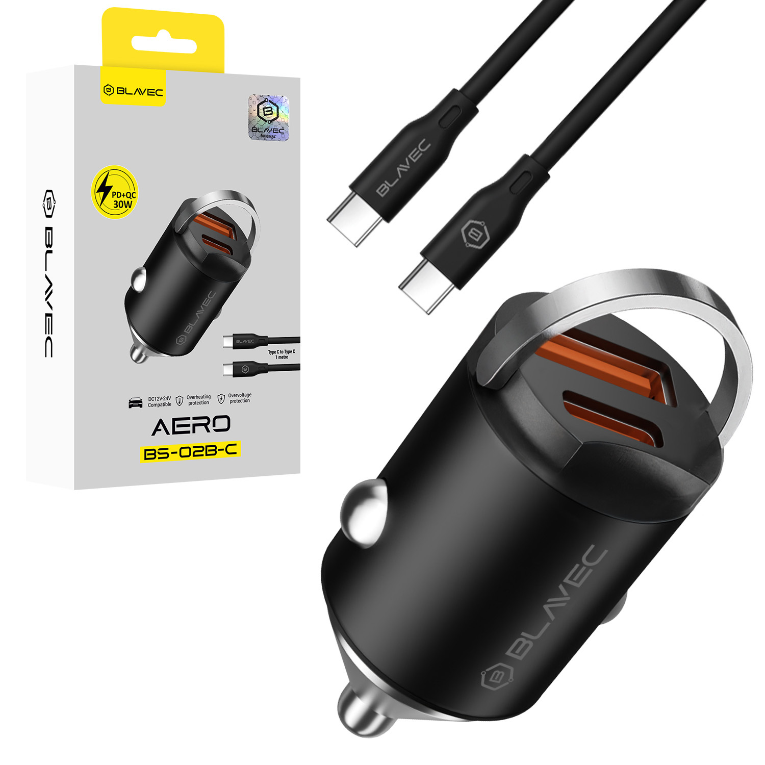 Blavec Automobilinis įkroviklis BS-02B-C Aero - USB + Type C - QC 3.0 18W PD 30W su Type C to Type C cable (CCBS02BCA-UCB) juodas