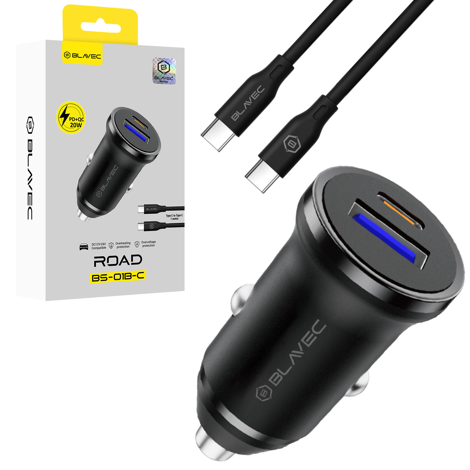 Blavec Automobilinis įkroviklis BS-01B-C Road - USB + Type C - QC 3.0 18W PD 20W su Type C to Type C cable (CCBS01BCR-UCB) juodas