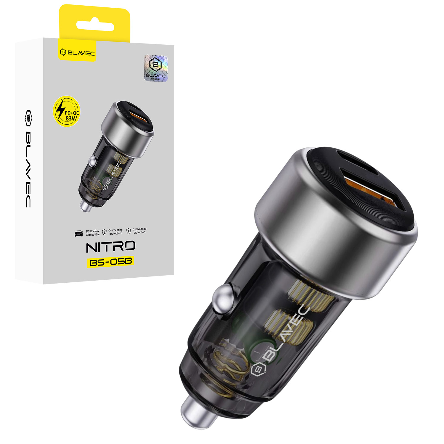 Blavec Automobilinis įkroviklis BS-05B Nitro - USB + Type C - QC 3.0 18W PD 65W (CCBS05BN-UCB) juodas