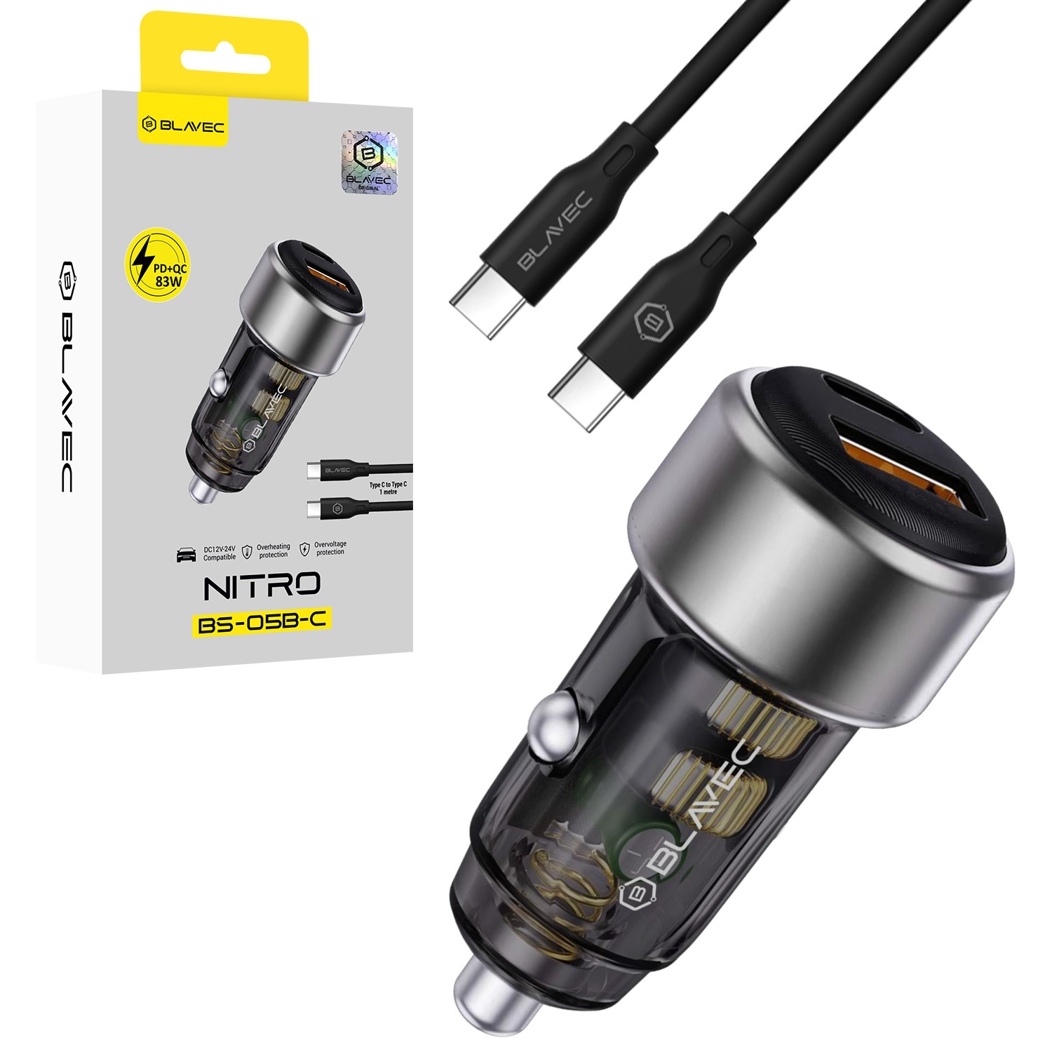 Blavec Automobilinis įkroviklis BS-05B-C Nitro - USB + Type C - QC 3.0 18W PD 65W su Type C to Type C cable (CCBS05BCN-UCB) juodas