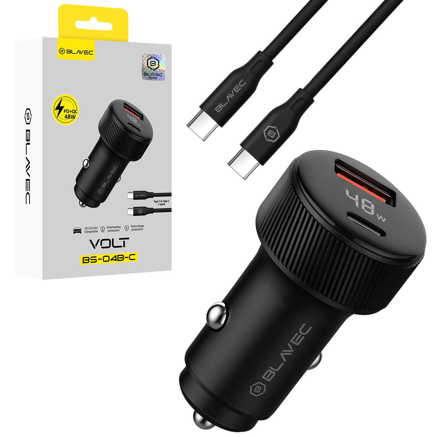 Blavec Automobilinis įkroviklis BS-04B-C Volt - USB + Type C - QC 3.0 18W PD 30W su Type C to Type C cable (CCBS04BCV-UCB) juodas