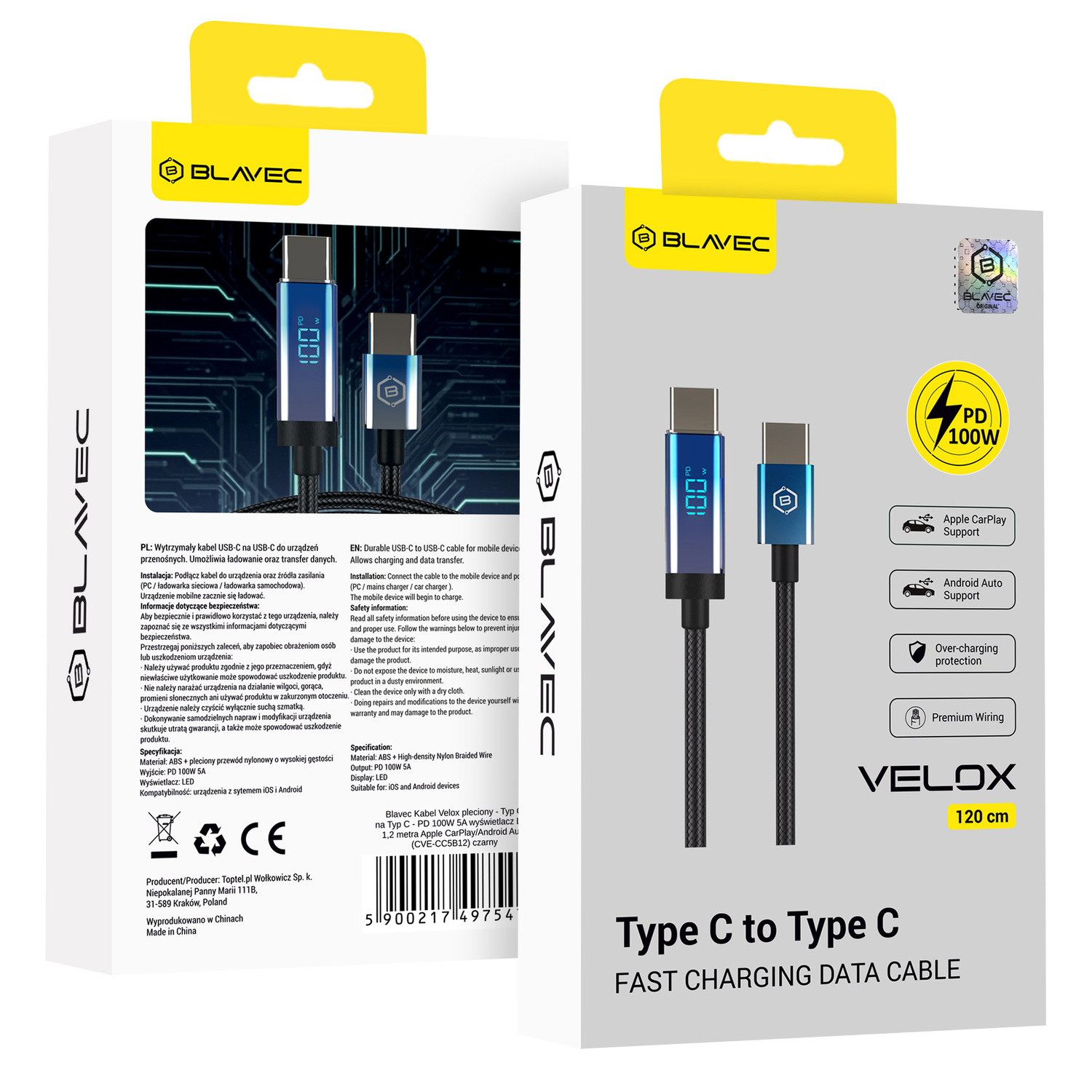 Blavec Laidas Velox pintas - Typ C na Typ C - PD 100W 5A LED display 1,2 metra Apple CarPlay/Android Auto (CVE-CC5B12) juodas