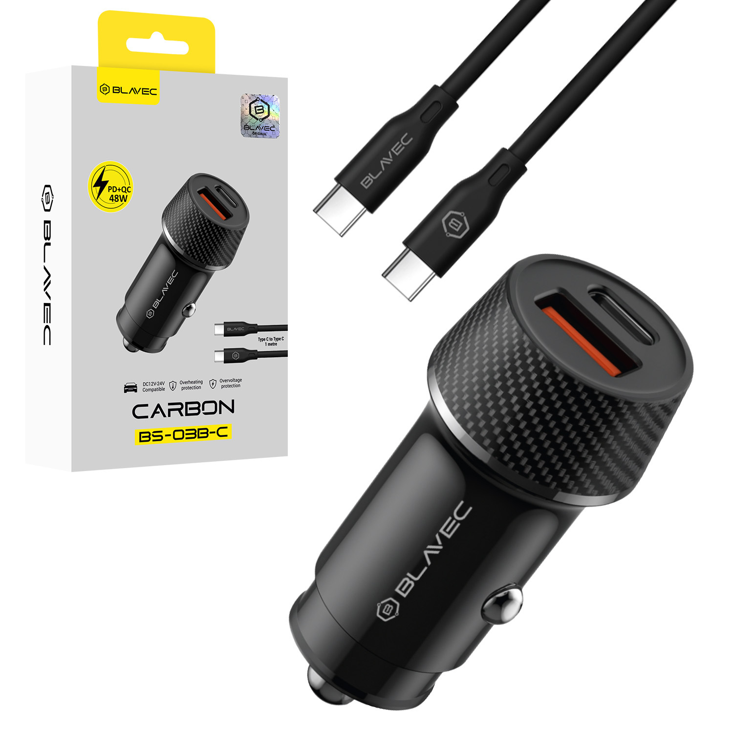 Blavec BS-03B-C Carbon automobilinis įkroviklis USB + Type C QC 3.0 18W PD 30W su Type C - Type C laidu juodas
