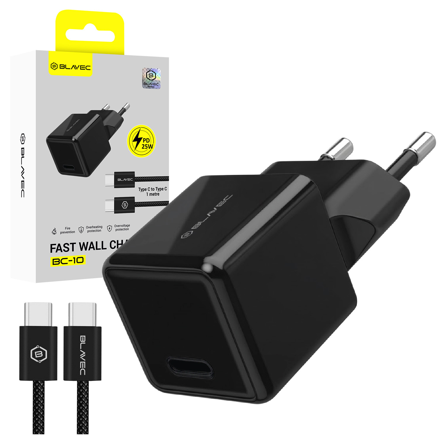 Blavec Wall charger BC-10 - Type C - PD 25W 3A with Type C to Type C cable (TCBC10-CB253A) black