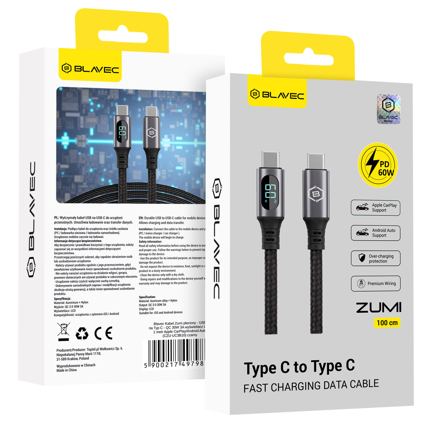 Blavec Zumi pintas laidas Type C - Type C PD 60W 3A su LCD ekranu 1m Apple CarPlay/Android Auto juodas