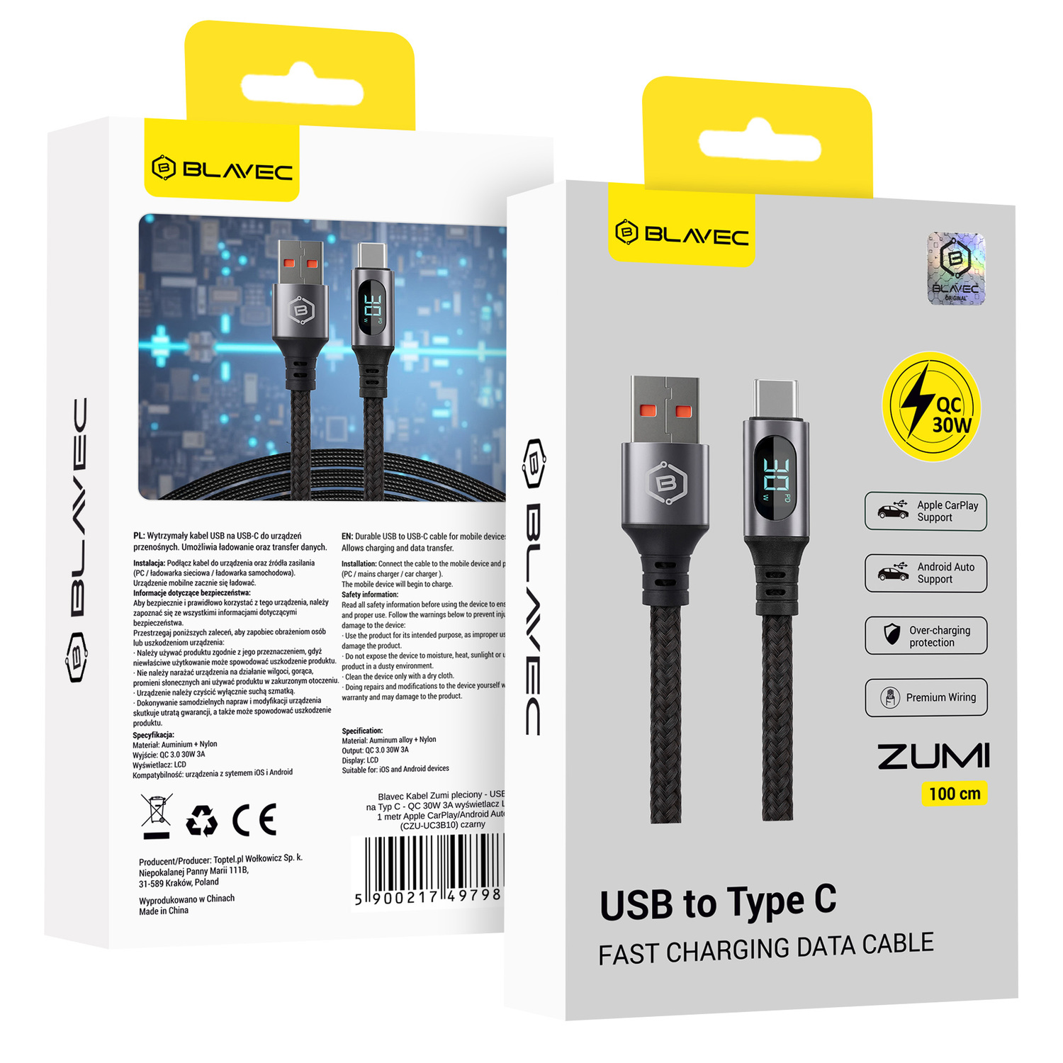 Blavec Zumi pintas laidas USB - Type C QC 30W 3A su LCD ekranu 1m Apple CarPlay/Android Auto juodas