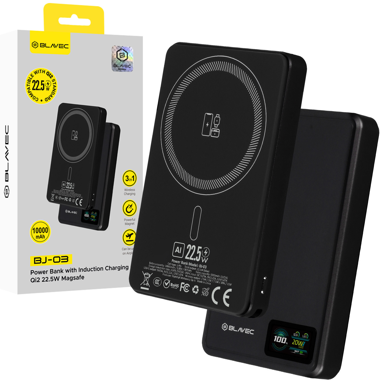 Blavec išorinė baterija 10000mAh BJ-03 Slim 13,5mm - Type C - 22,5W magnetinė Magsafe 3 in 1 (PBBJ03-MC10B) juoda aliuminis