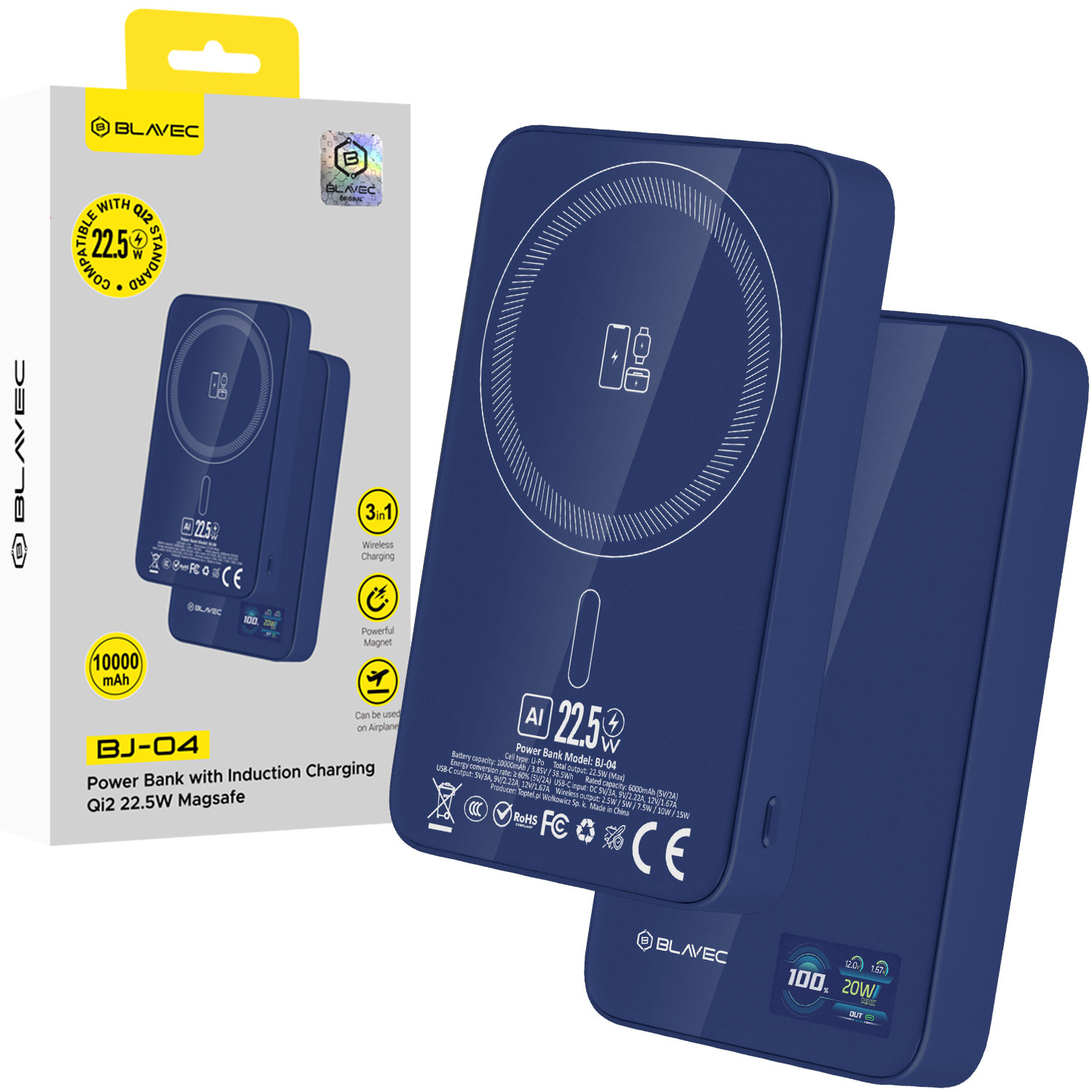 Blavec išorinė baterija 10000mAh BJ-04 Slim 13,5mm - Type C - 22,5W magnetinė Magsafe 3 in 1 (PBBJ04-MC10N) tamsiai mėlyna stiklas