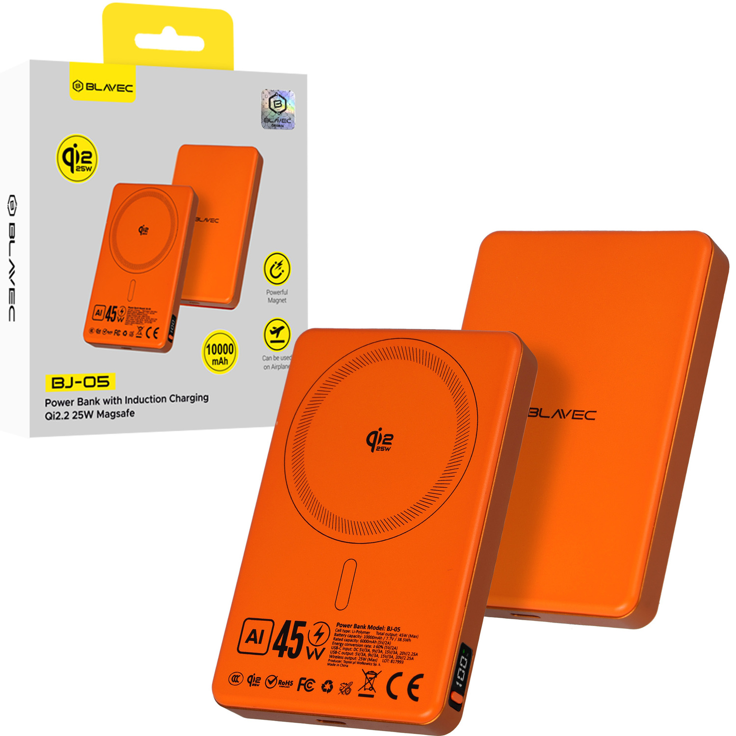Blavec išorinė baterija 10000mAh BJ-05 Ultra Fast 16mm - Type C - Qi2.2 25W + PD 45W magnetinė indukcinė Magsafe 2 in 1 (PBBJ05-QI22MC10O) oranžinė aliuminis