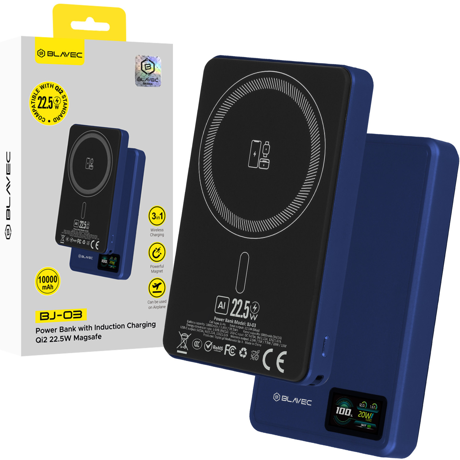 Blavec išorinė baterija 10000mAh BJ-03 Slim 13,5mm - Type C - 22,5W magnetinė Magsafe 3 in 1 (PBBJ03-MC10N) tamsiai mėlyna aliuminis