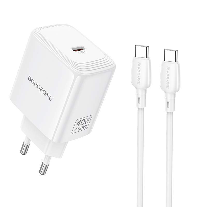 Borofone BN33 Fuente GaN USB-C tinklo įkroviklis QC3.0 PD 40W su USB-C laidu baltas
