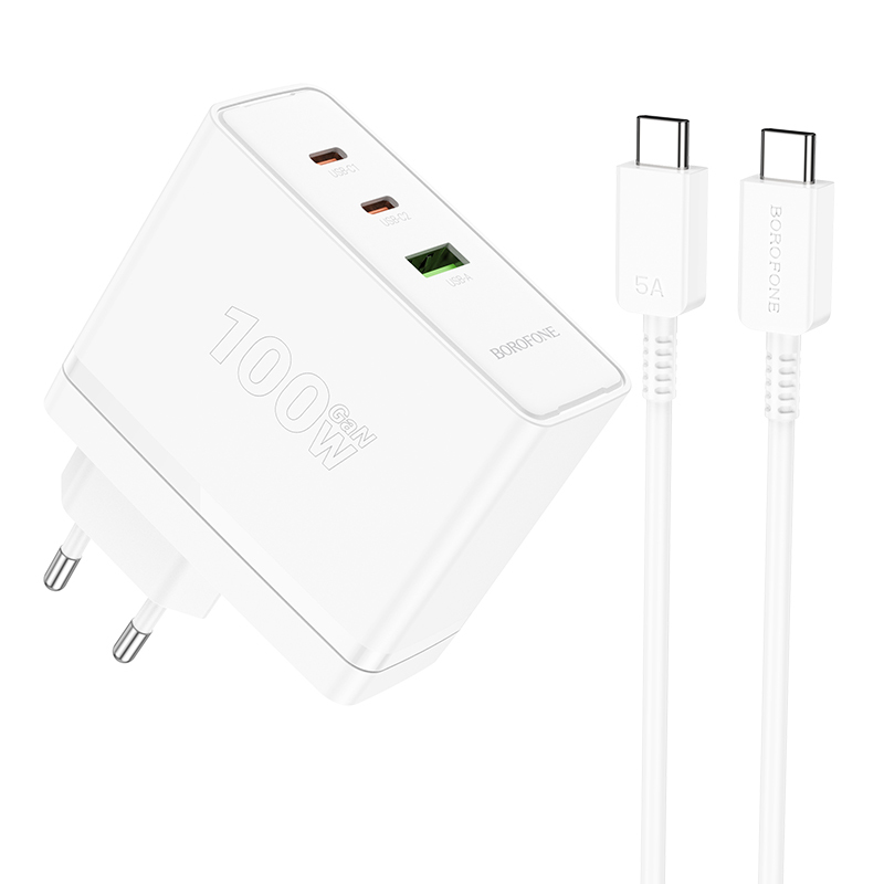 Borofone sieninis įkroviklis BN11 Imperial - USB + 2xType C - QC 3.0 PD 100W su Type C į Type C kabeliu baltas