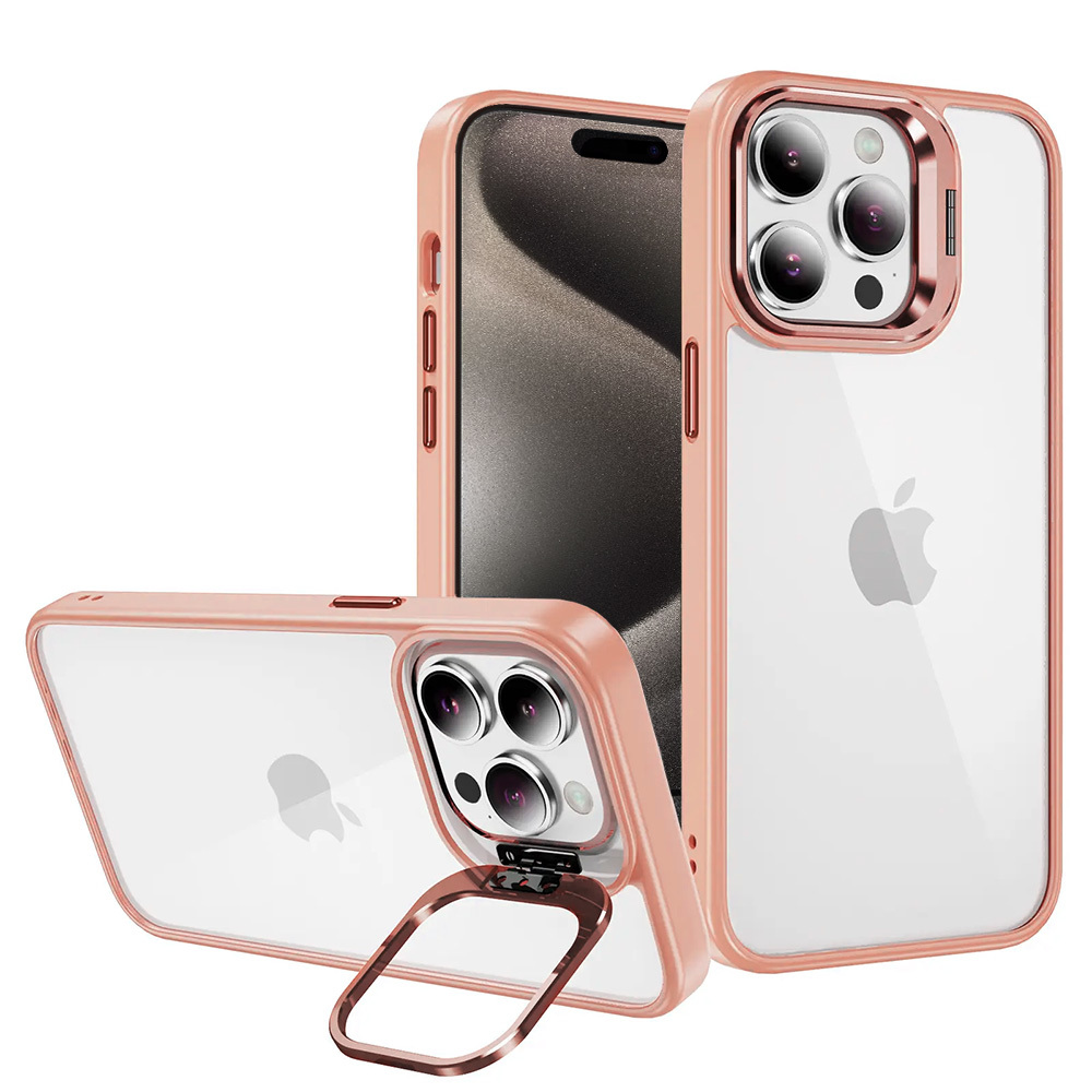 Tel Protect Dėklas telefonui su stovu + kameros stiklas Iphone 15 Pro šviesiai rožinė