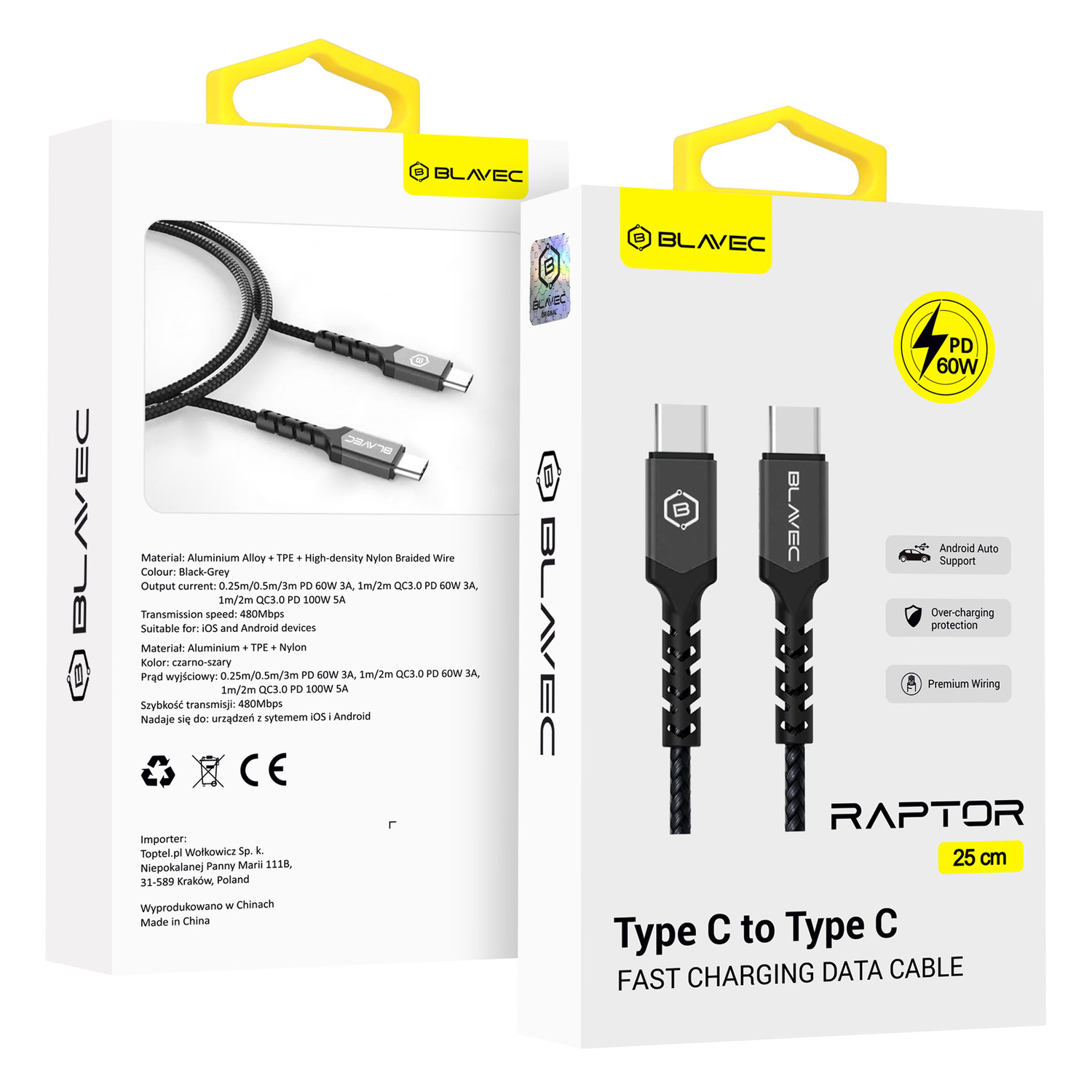 Blavec kabelis Raptor pintas - Type C į Type C - PD 60W 3A 0,25 metro Apple CarPlay/Android Auto (CRA-CC3BG025) juodas-pilkas