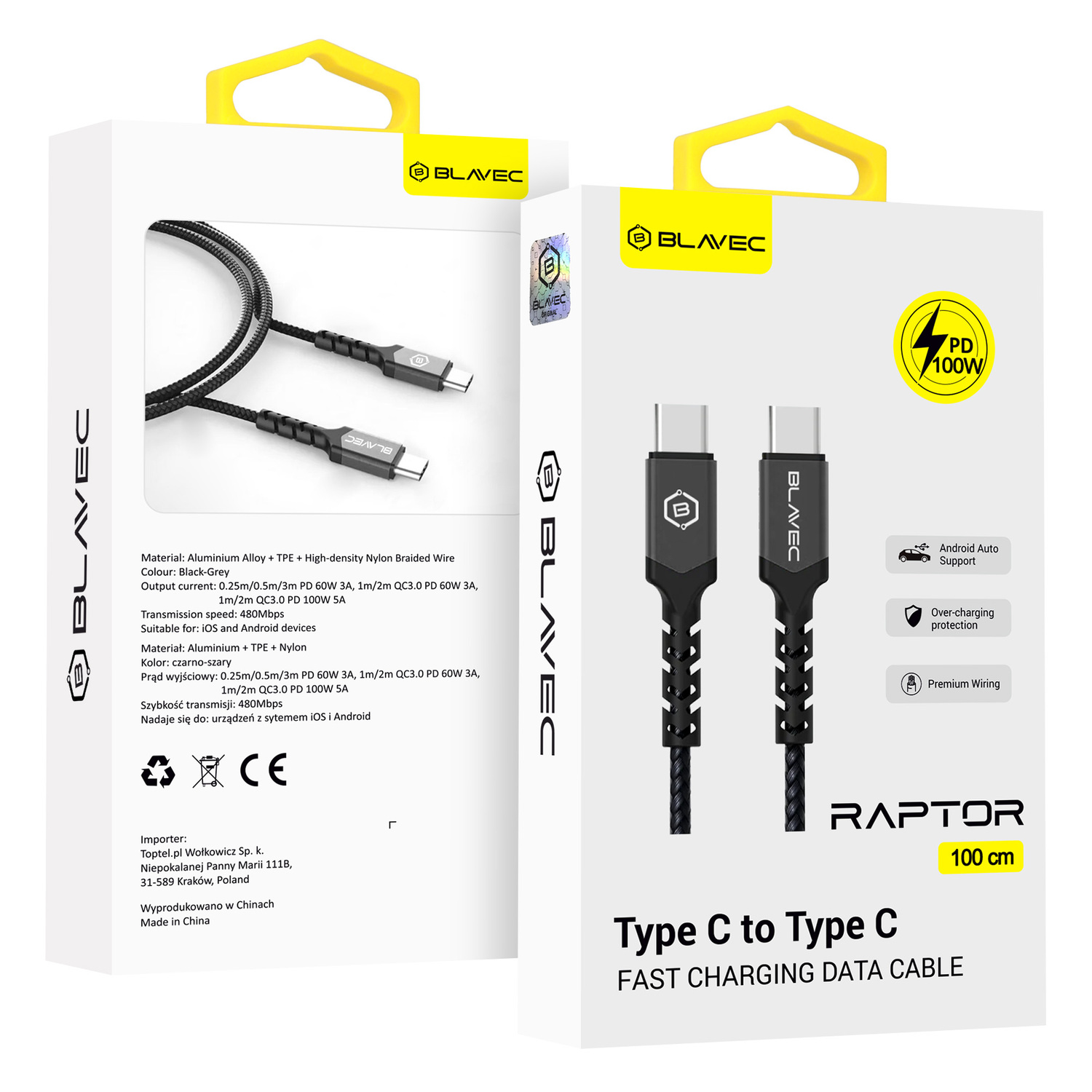 Blavec kabelis Raptor pintas - Type C į Type C - PD 100W 5A 1 metras Apple CarPlay/Android Auto (CRA-CC5BG10) juodas-pilkas