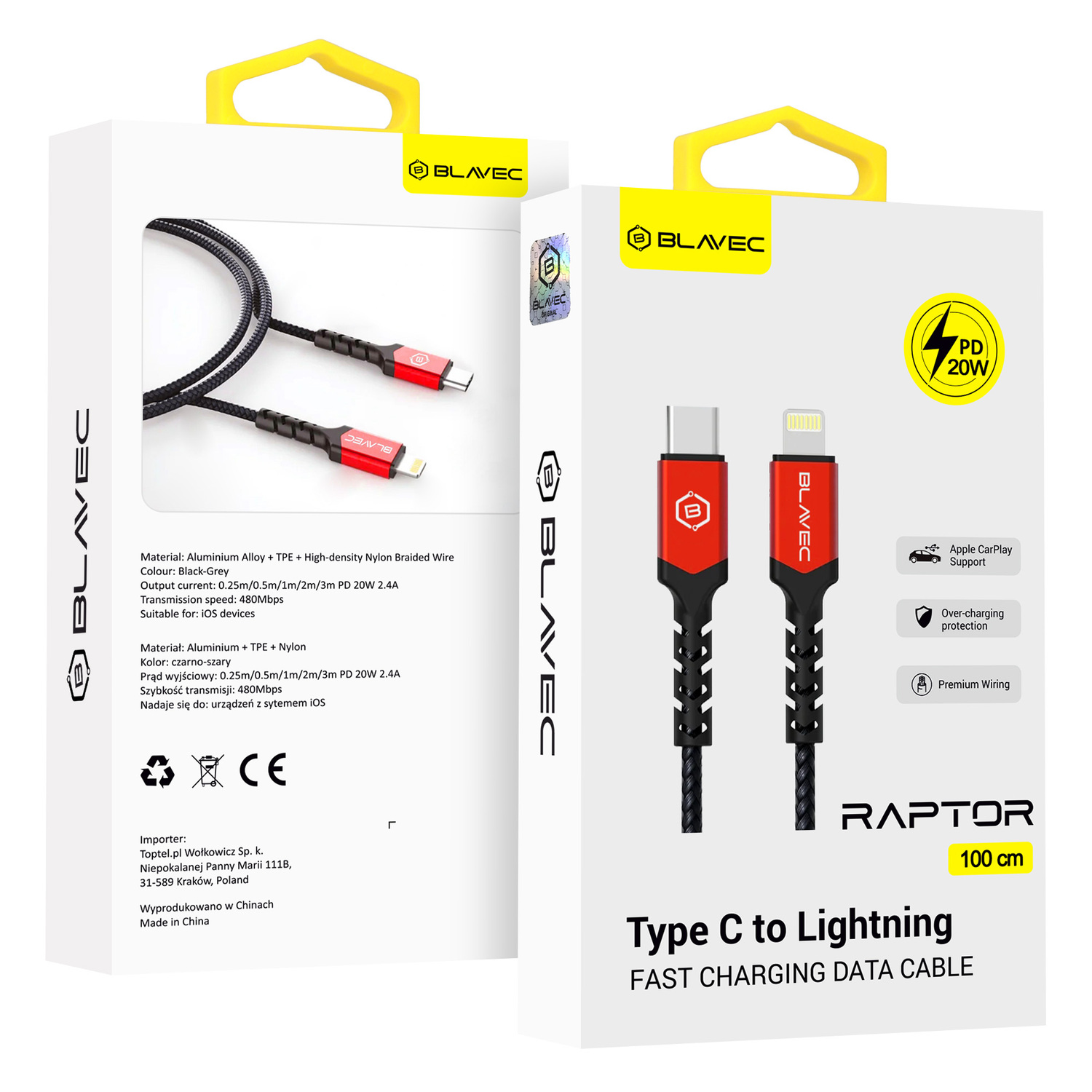 Blavec кабель Raptor плетеный - Type C на Lightning - PD 20W 2,4A 1 метр Apple CarPlay (CRA-CL24BR10) черно-красный