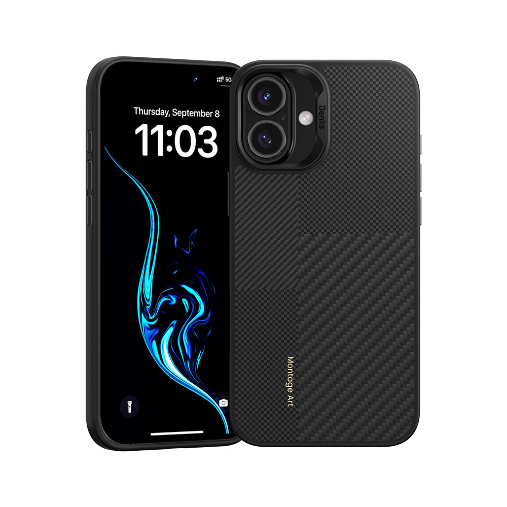 Benks Montage magnetinis Armor Pro Kevlar dėklas su metaliniu rėmeliu 600D+1500D Iphone 16 telefonui juodas