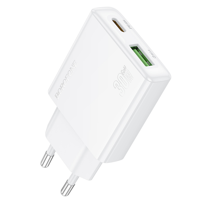 Borofone Įkroviklis BN25 Wish (Ultra Thin) - USB + Type-C - PD QC 3.0 30W baltas