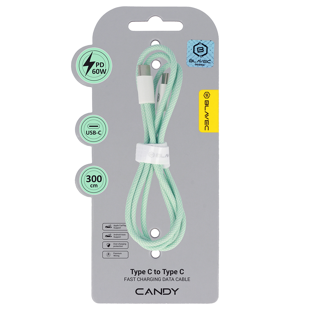 Blavec Kabelis Candy pynėtas - Type C iki Type C - PD 60W 3A 3 metrai Apple CarPlay/Android Auto (CCA-CC3GN30) žalias