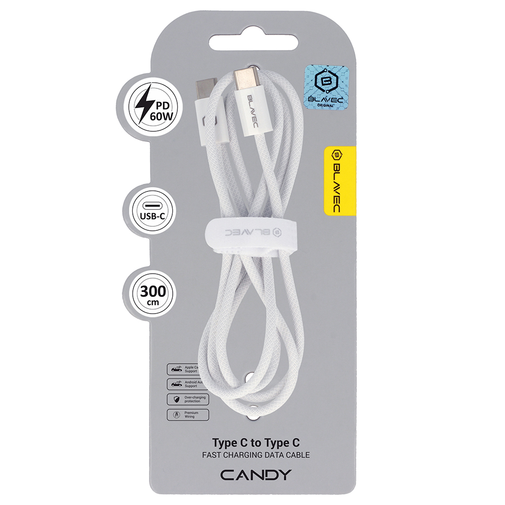 Blavec Kabelis Candy pynėtas - Type C iki Type C - PD 60W 3A 3 metrai Apple CarPlay/Android Auto (CCA-CC3W30) baltas