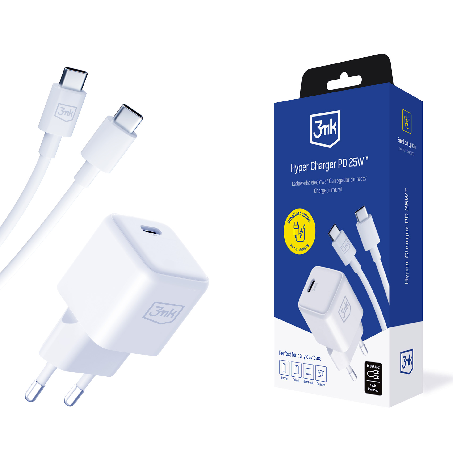 3mk Hyper Charger PD GaN 25W sieninis įkroviklis su USB-C laidu – baltas
