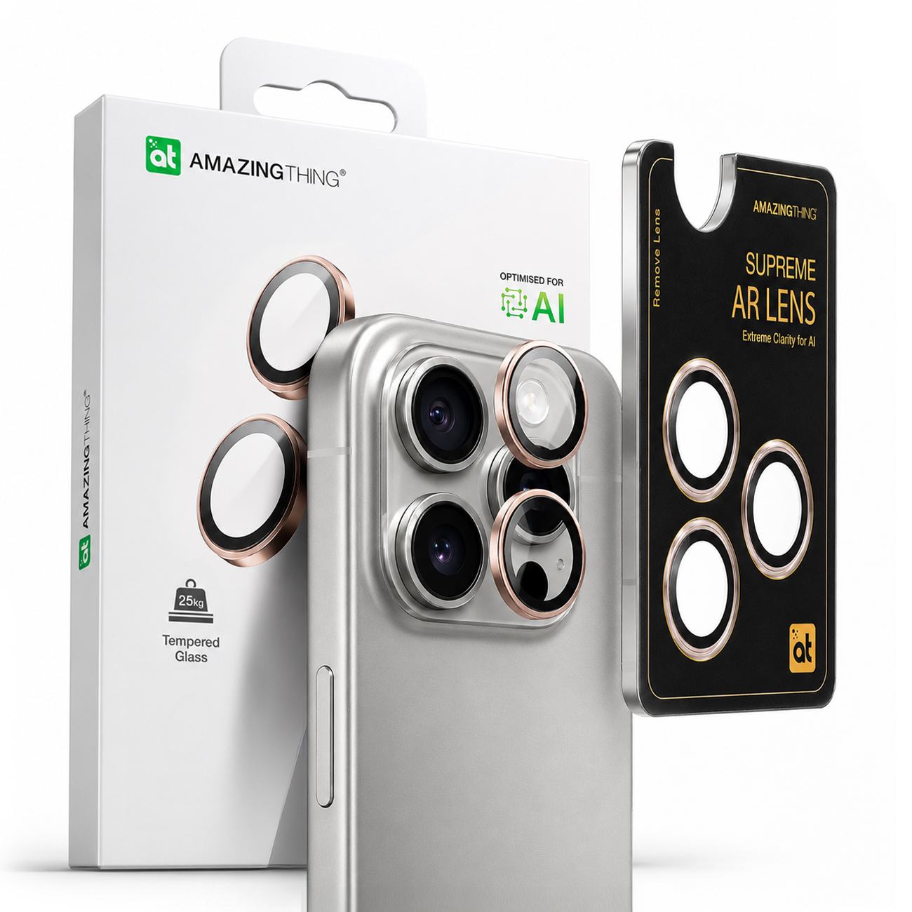 AmazingThing AR aliuminio 3 objektyvų stiklas su objektyvo rėmeliu iPhone 16 Pro / 16 Pro Max - rožinis auksas