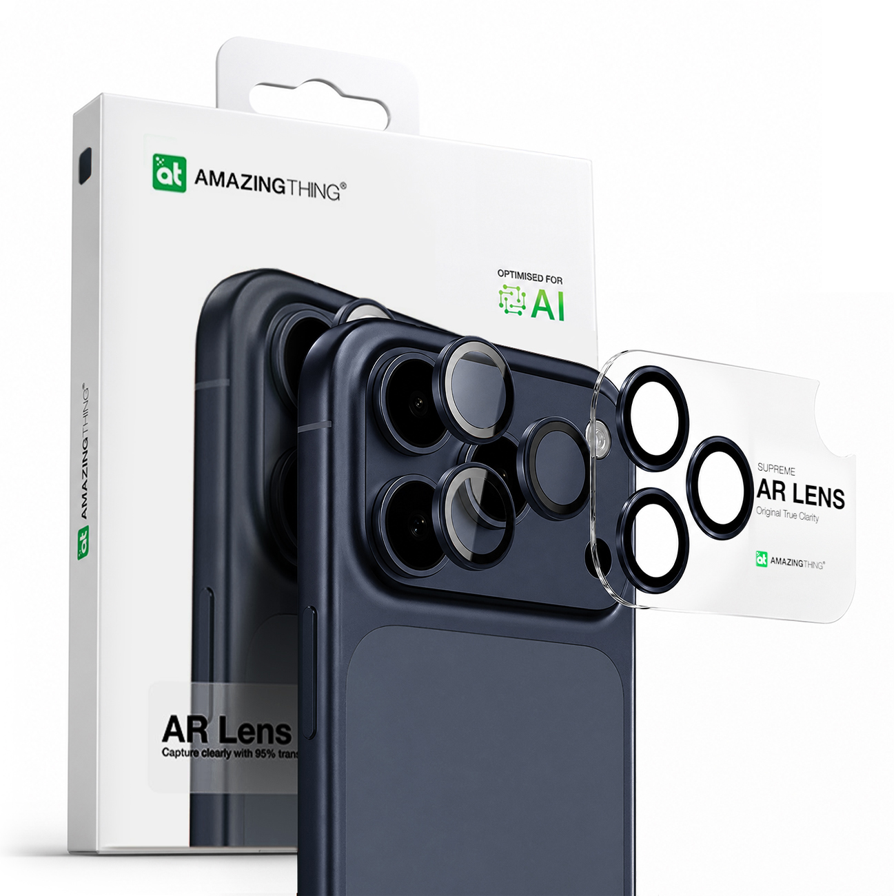 AmazingThing Objektyvo Stiklas iPhone 17 Pro / Pro Max su Mėlynu Aliuminio Rėmu