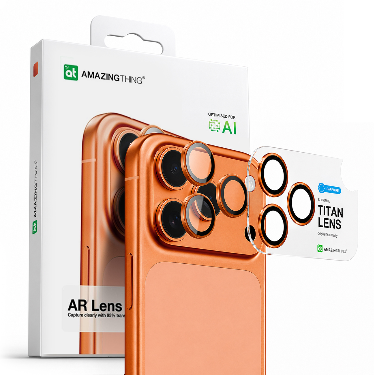 AmazingThing AR safyro kameros objektyvo stiklas iPhone 17 Pro / Pro Max - su oranžiniu rėmeliu