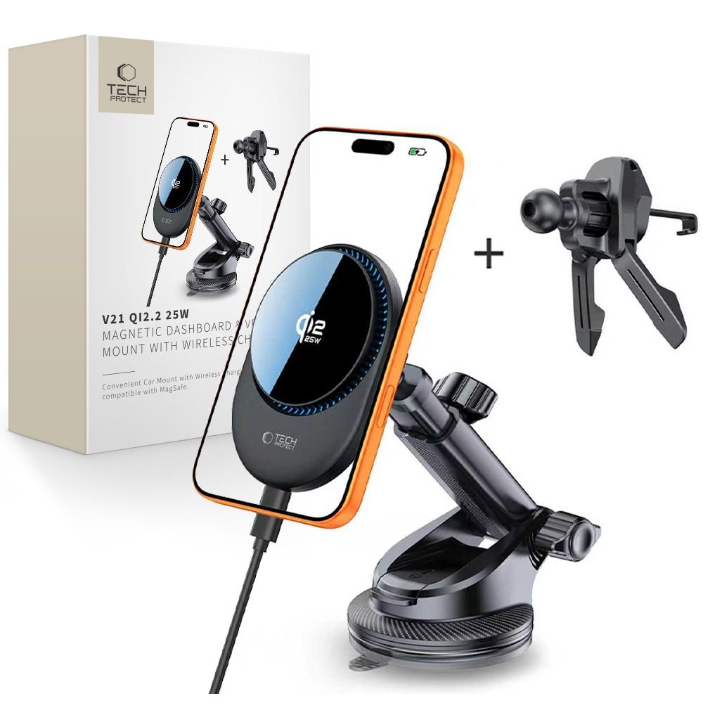 Tech-Protect V21 MagSafe Car Holder with 25W QI2.2 Inductive Charger for Cockpit/Windshield/Air Vent - Black