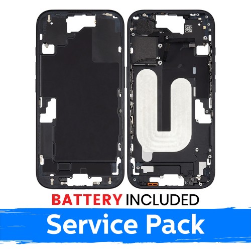 Apple iPhone 16 vidurinio rėmo korpusas + baterija / Juodas / (Aptarnavimo pakuotė)