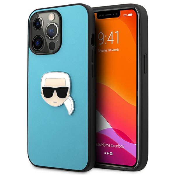 Karl Lagerfeld KLHCP13XPKMB iPhone 13 Pro Max 6,7" mėlynas kietas dėklas Leather Ikonik Karl`s Head Metal
