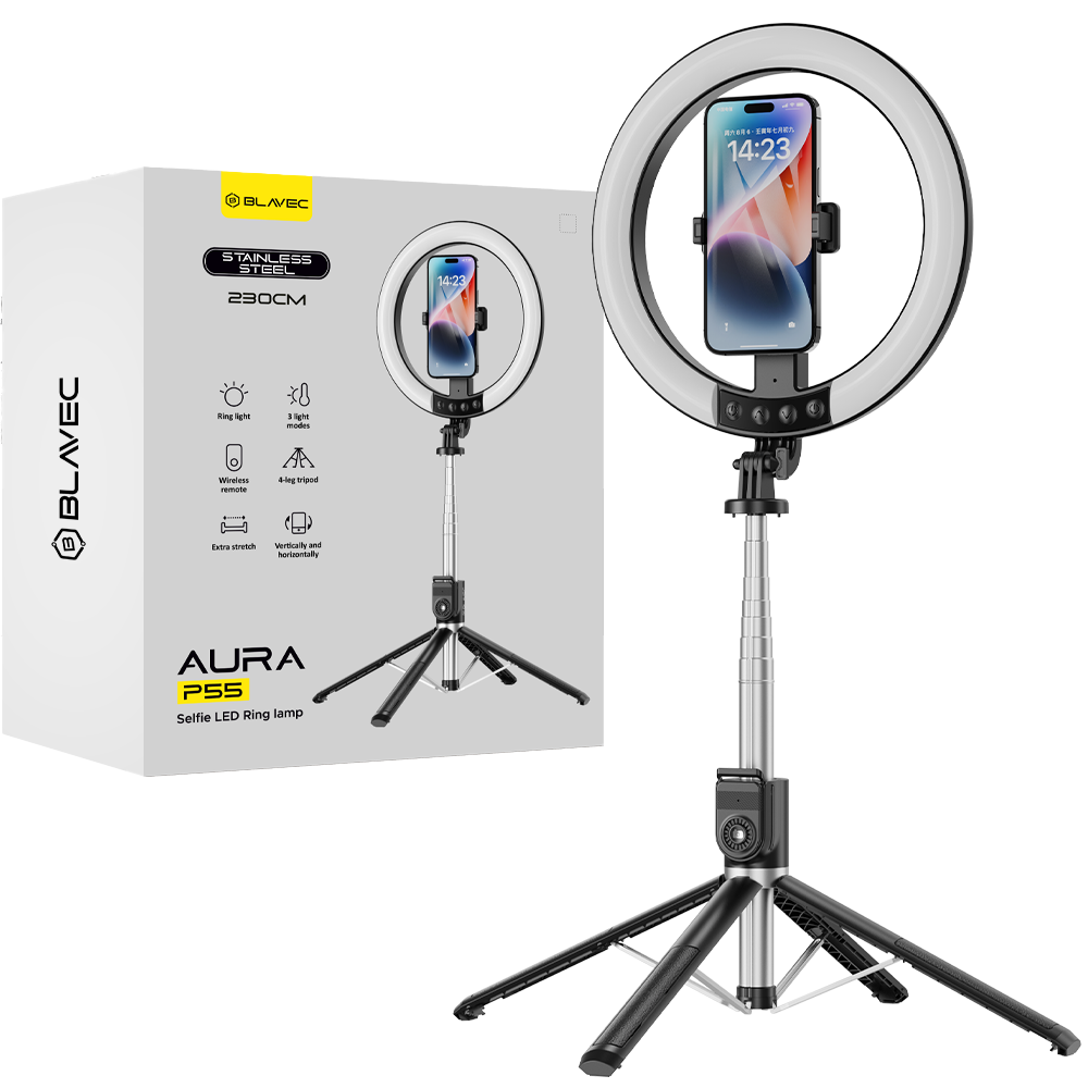 Blavec Селфи-кольцо лампа Aura LED Ring P-55 25cm штатив + пульт дистанционного управления + 2,3 метра (RLP55-TRB23) чёрное