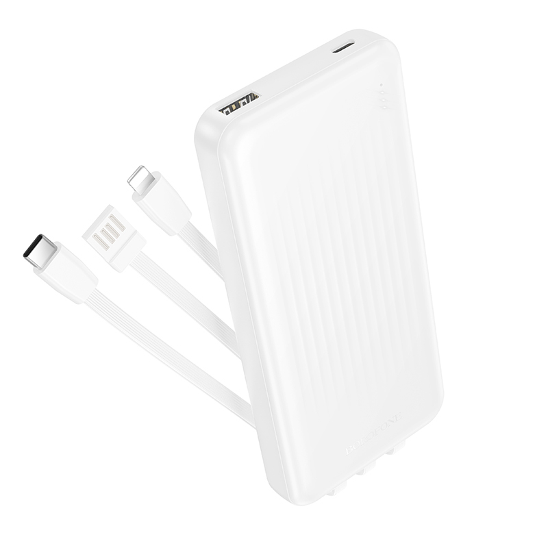 Borofone BJ79 Clever išorinė baterija 10000mAh USB su Type-C ir Lightning kabeliais balta
