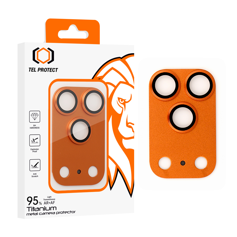 Tempered stiklas Tel Protect 95% AR+AF Full Metal kameros apsauga on camera for Iphone 17 Pro Max oranžinis (camera island)