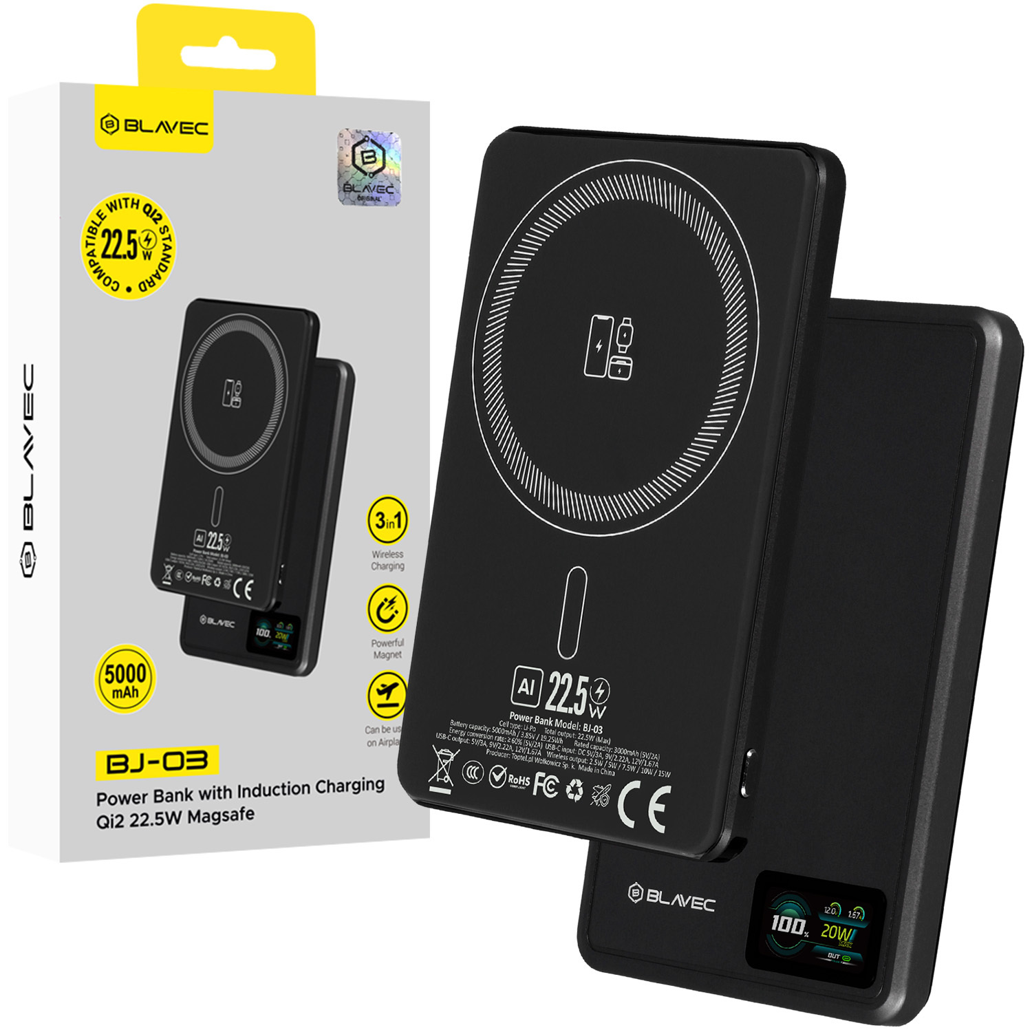 Blavec Power Bank 5000mAh BJ-03 Ultra Slim 7,8mm - Type C - 22,5W magnetic Magsafe 3 in 1 (PBBJ03-MC5B) black aluminum
