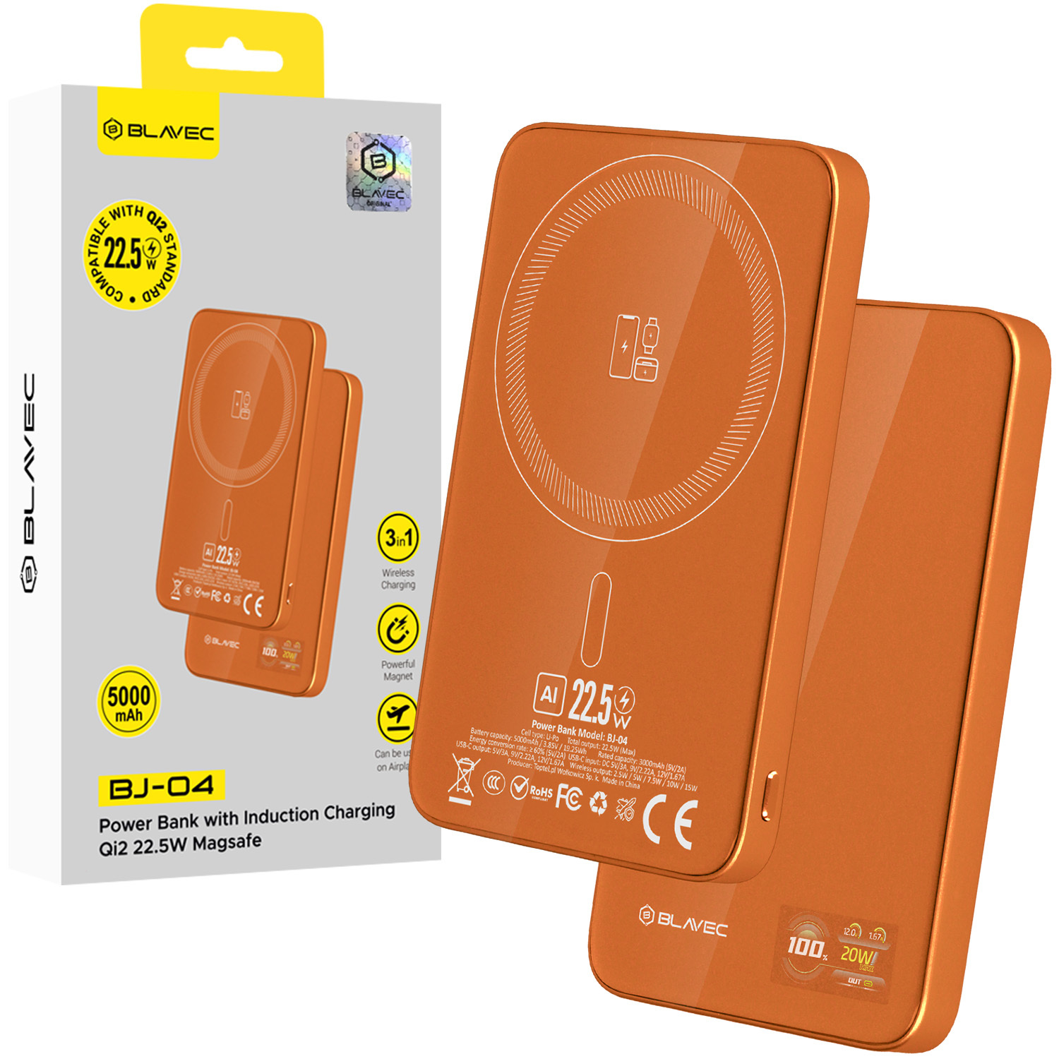 Blavec išorinė baterija 5000mAh BJ-04 ypač plona 7,8mm - Type C - 22,5W magnetinė Magsafe 3 in 1 (PBBJ04-MC5O) oranžinis stiklas