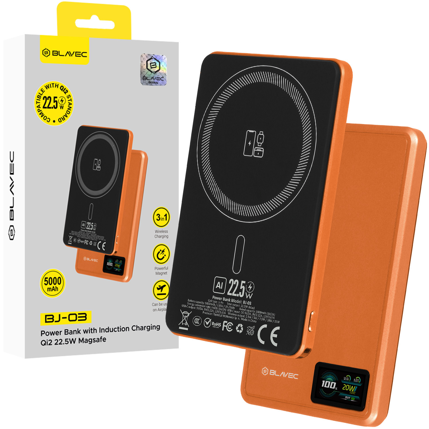 Blavec Power Bank 5000mAh BJ-03 Ultra Slim 7,8mm - Type C - 22,5W magnetic Magsafe 3 in 1 (PBBJ03-MC5O) orange aluminum