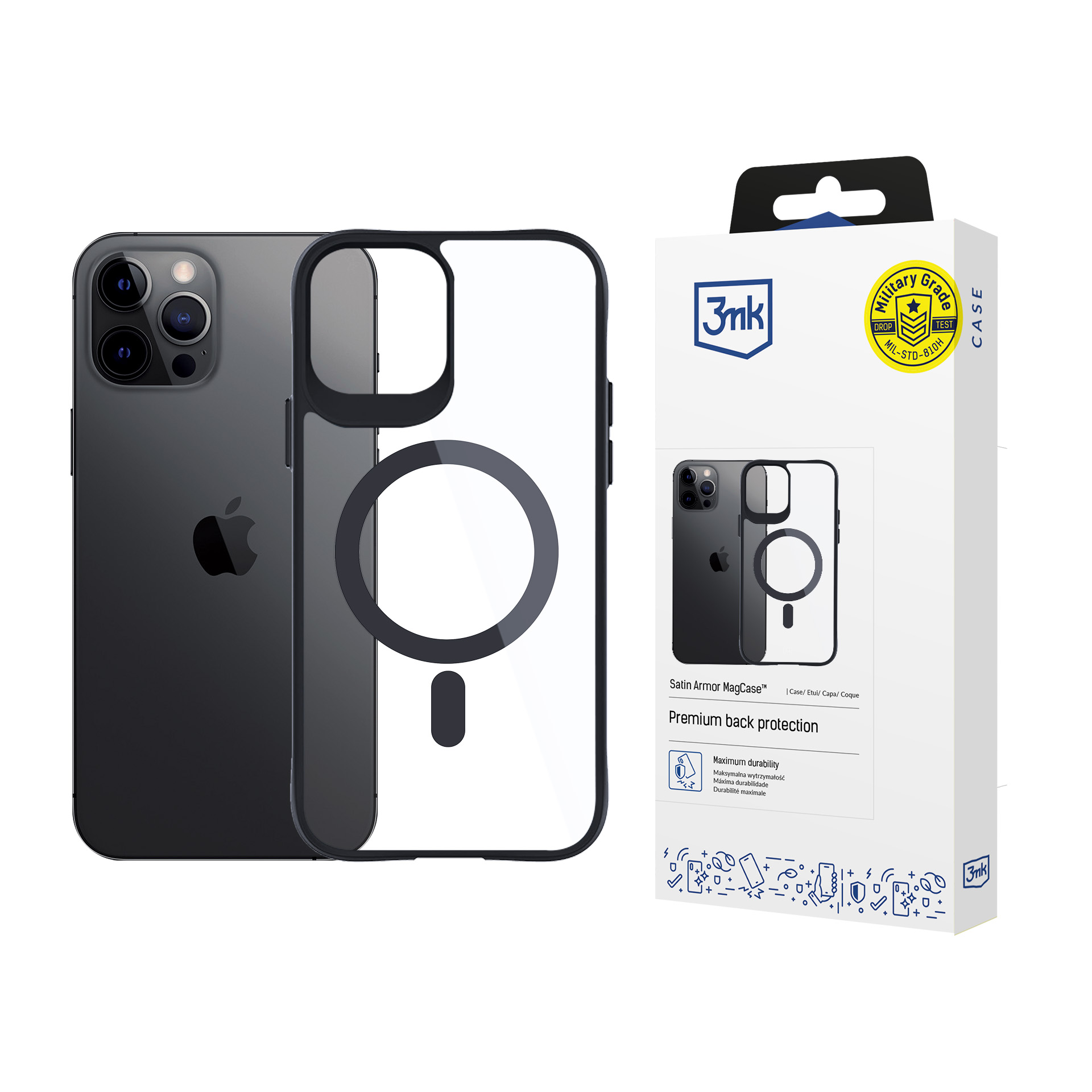 3mk satino šarvo magnetinis dėklas telefonui su MagSafe iPhone 12 Pro Max - skaidrus su juodu rėmeliu