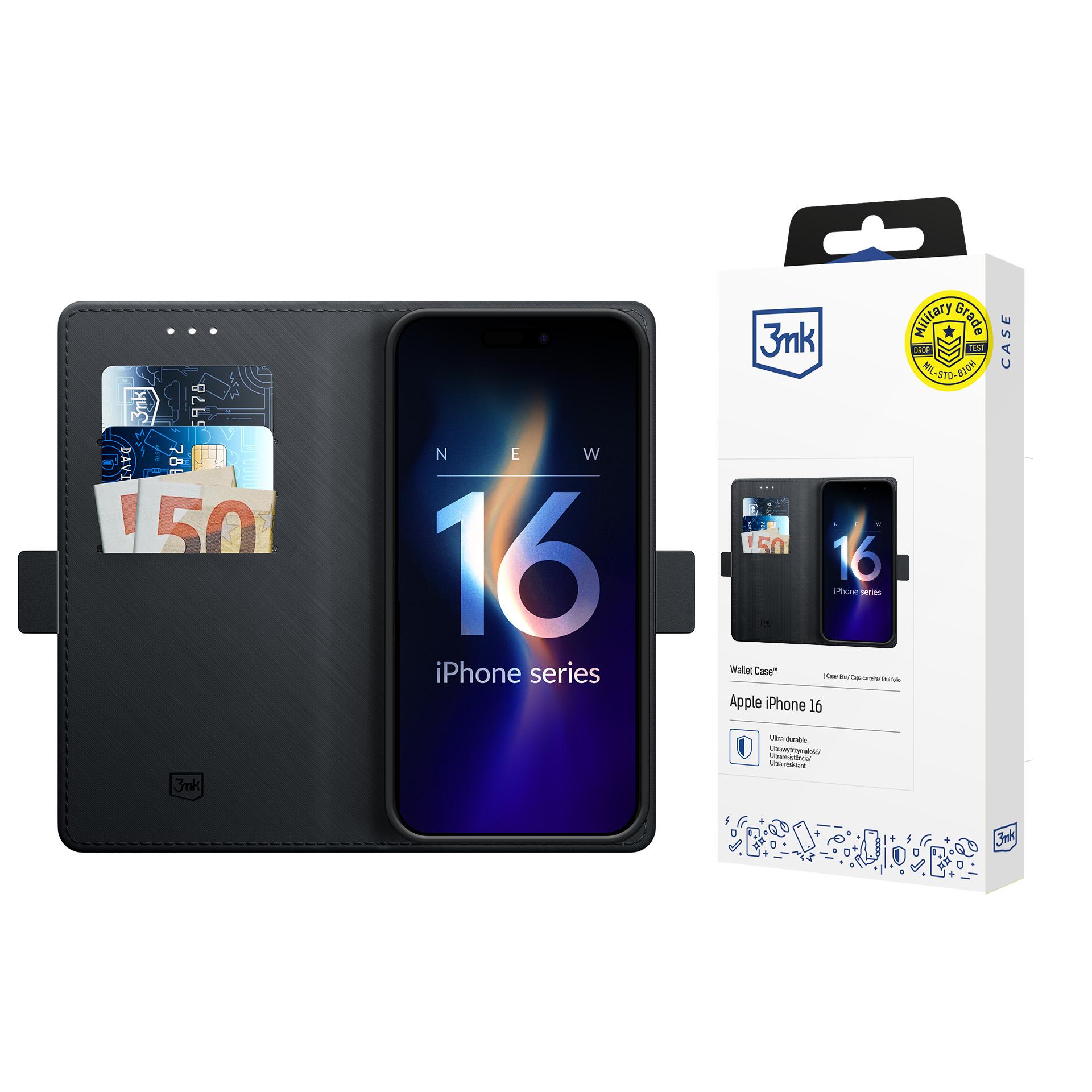 3mk piniginės tipo dėklas telefonui iPhone 16 - juodas