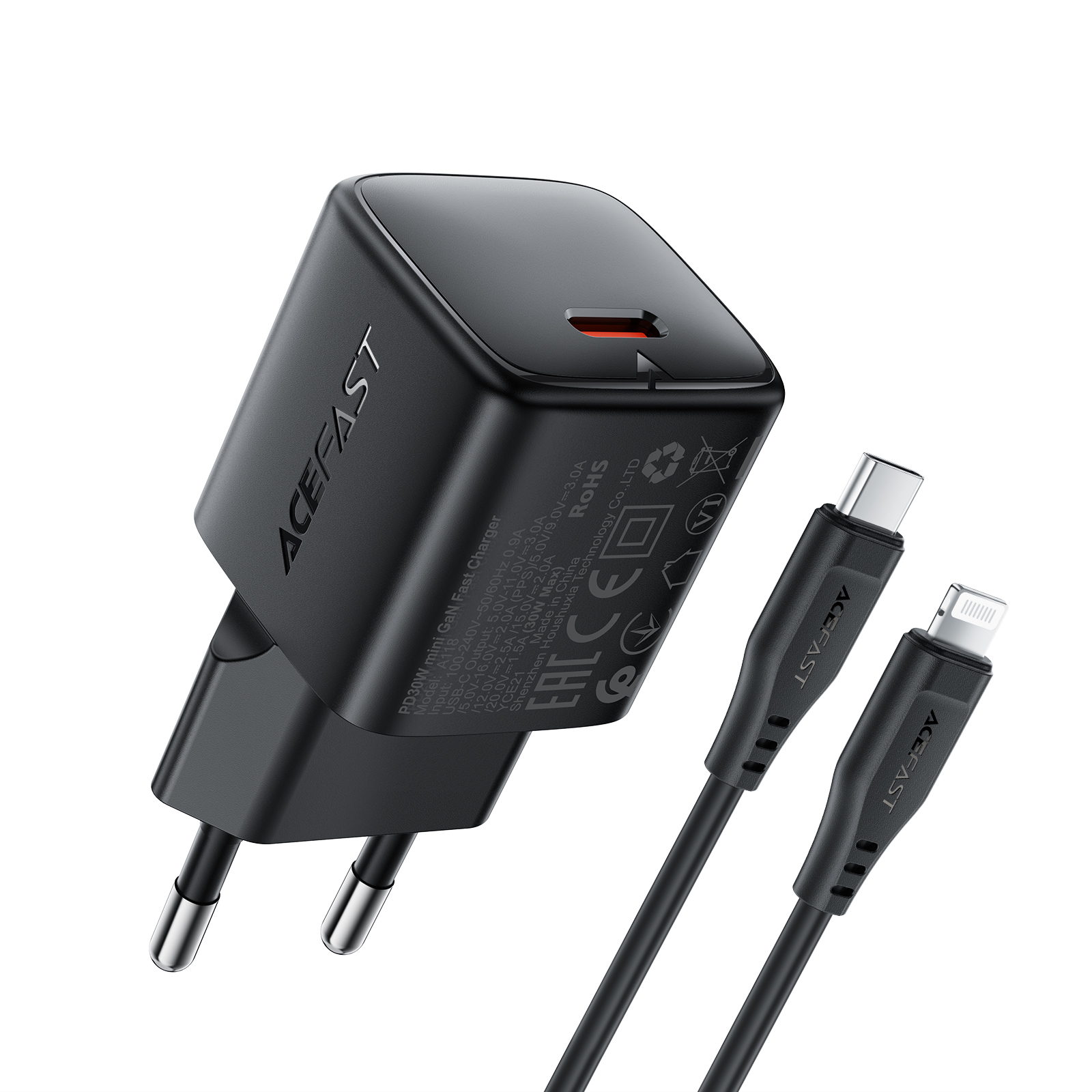 Acefast A118 30W GaN USB-C tinklo įkroviklis su 1.2m USB-C į Lightning laidu - juodas