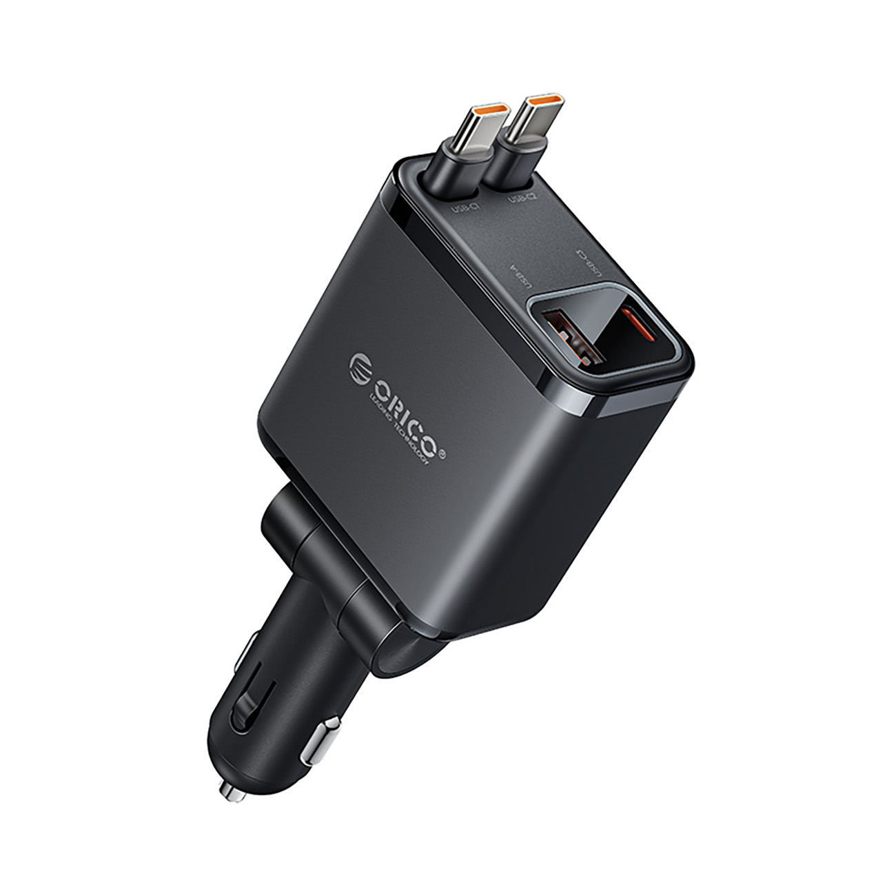 Orico Twin Reach 45W USB-A + USB-C automobilinis įkroviklis su dviem sutraukiamais USB-C laidais - juodas