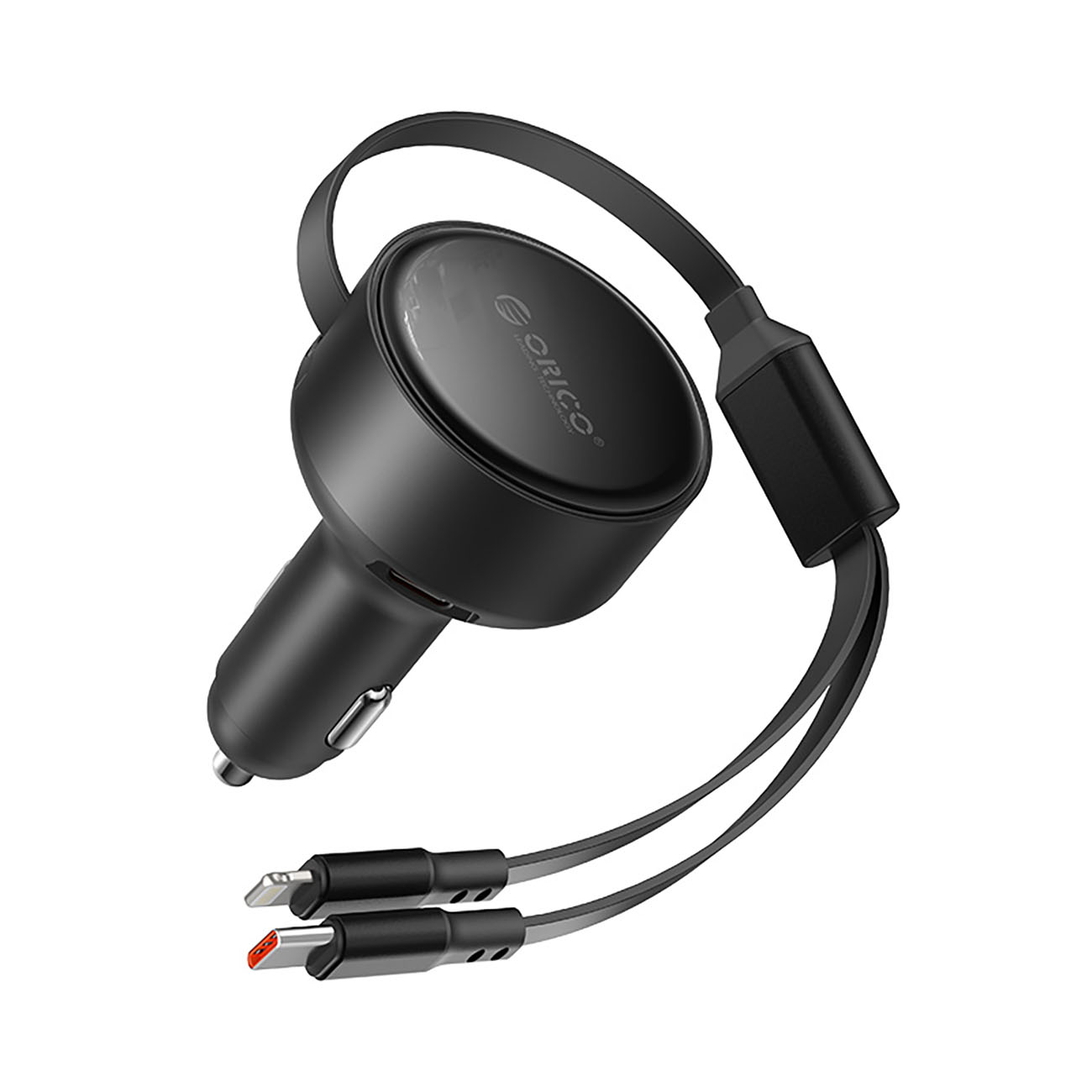 Orico Dual Stretch 60W USB-C automobilinis įkroviklis su dviem sutraukiamais USB-C + Lightning laidais - juodas