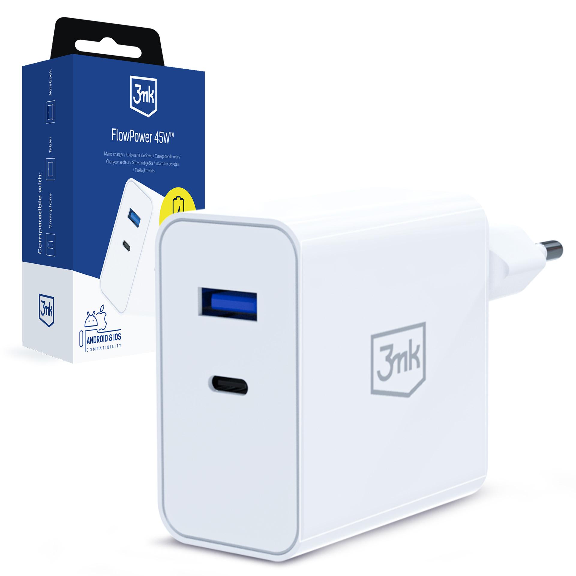 3mk FlowPower 45W 1A1C PD3.0 QC4+ sieninis įkroviklis - baltas