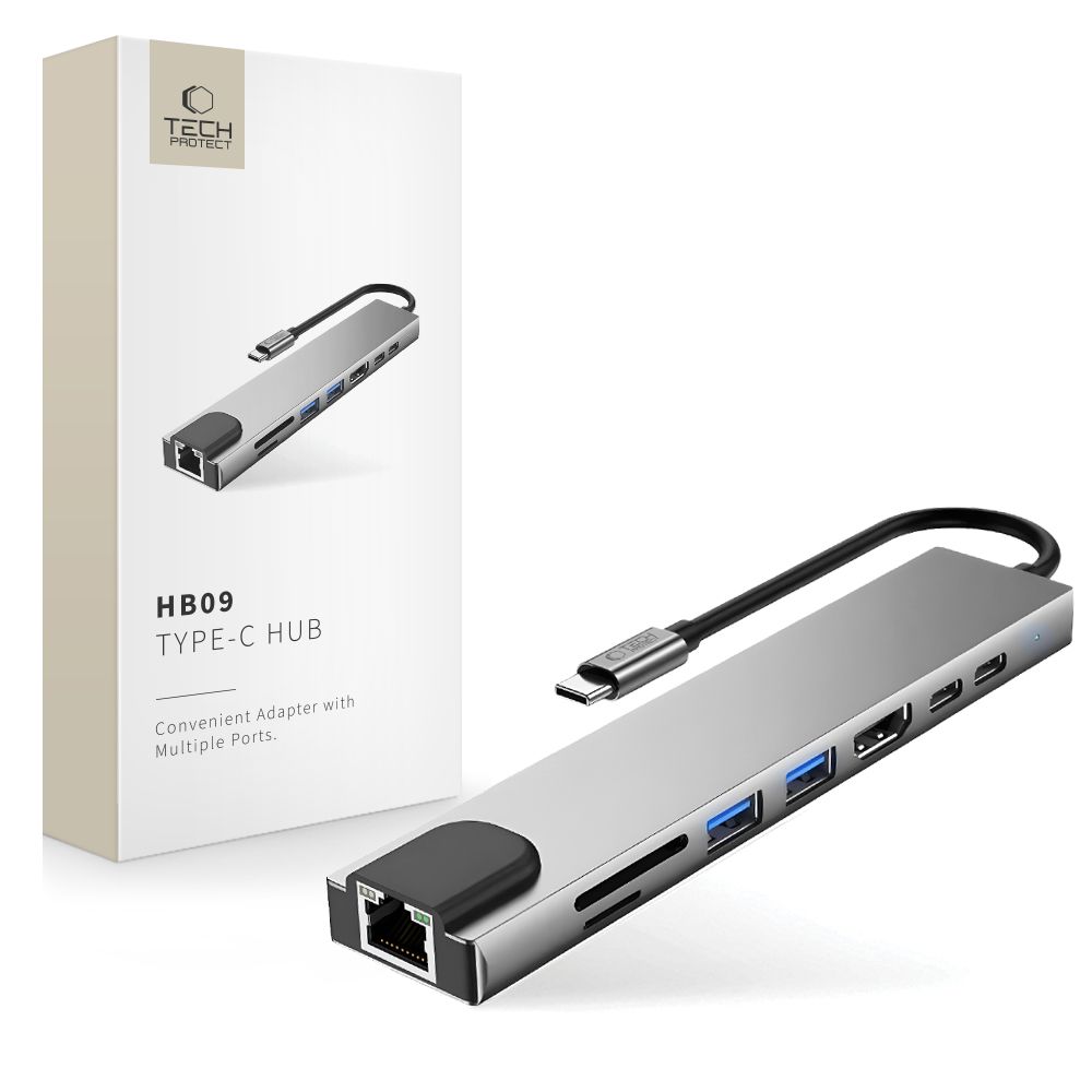 Tech-Protect HB09 USB šakotuvas 8in1 TYPE-C + USB-A 3.0 + USB-C 3.0 + HDMI 4K 60HZ + SD/TF + PD100W + RJ45 1000 MB/S - pilkas