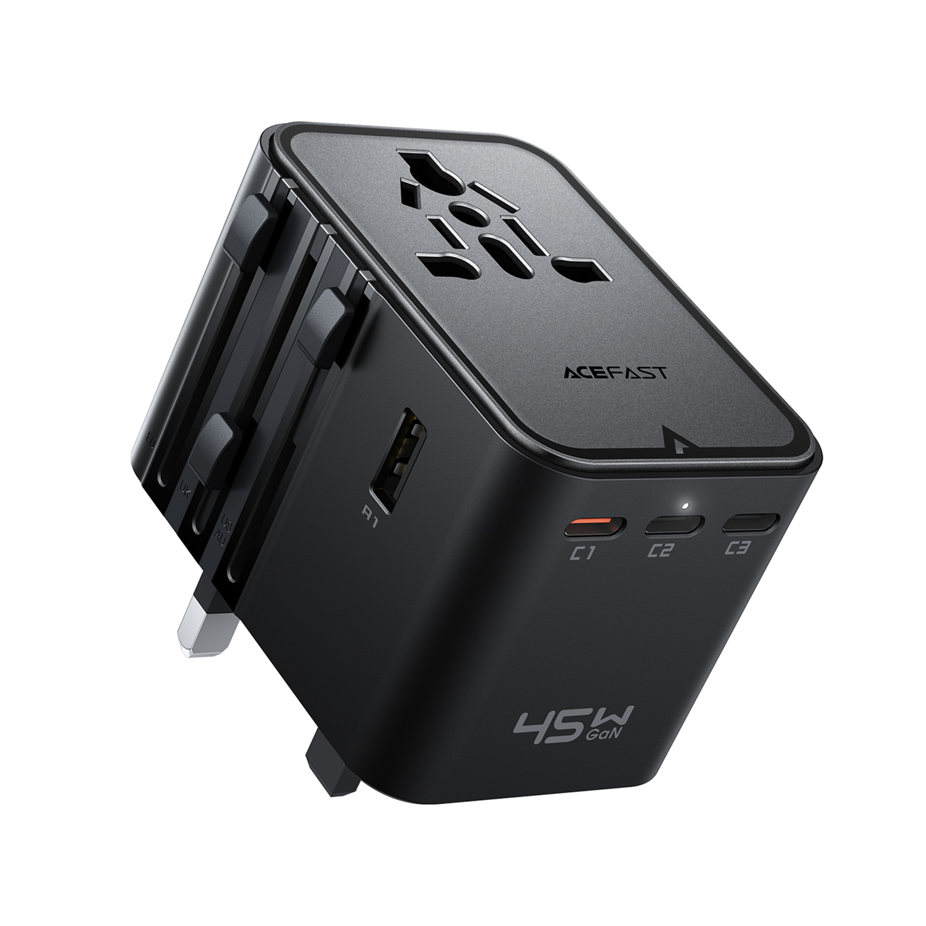 Acefast Z8 GaN 45W kelioninis adapteris 3x USB-C + 2x USB-A kelioninis tinklo įkroviklis su 2500W AC lizdu - juodas