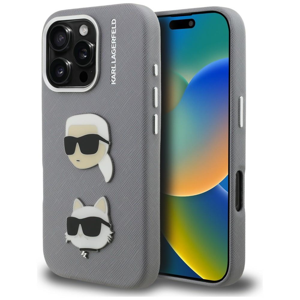 Karl Lagerfeld FW Grained Karl & Choupette Heads Pins Dėklas iPhone 16 Pro - pilkas